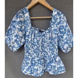 Gap Peplum Blue Floral Top Milkmaid Smocked Waist Boho Cottagecore Small